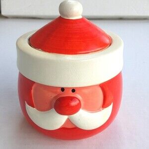 Vintage MCM Christmas Pottery Santa Holiday Candle Trinket Jar made in Japan